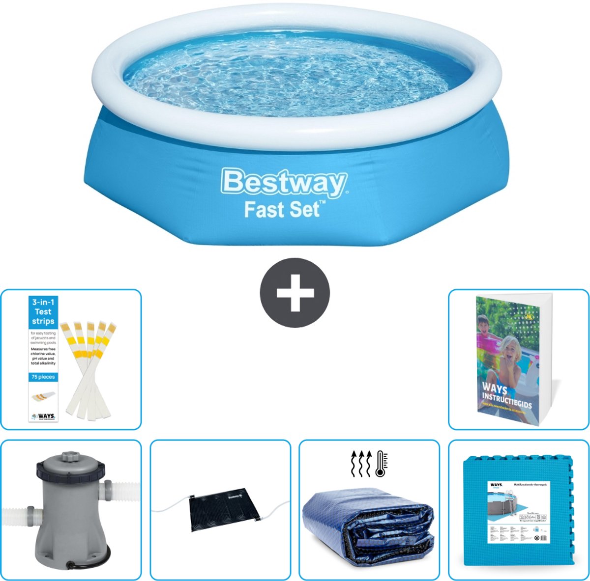 Bestway Rond Opblaasbaar Fast Set Zwembad - 244 x 61 cm - Blauw - Inclusief Pomp - Solar Mat - Solarzeil - Vloertegels - 7-delig