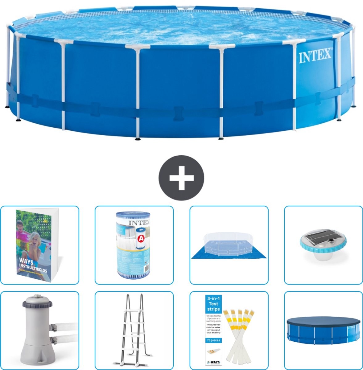 Intex Rond Frame Zwembad - 457 x 122 cm - Blauw - Inclusief Pomp - Ladder - Grondzeil - Afdekzeil - Filter - Verlichting - 9-delig