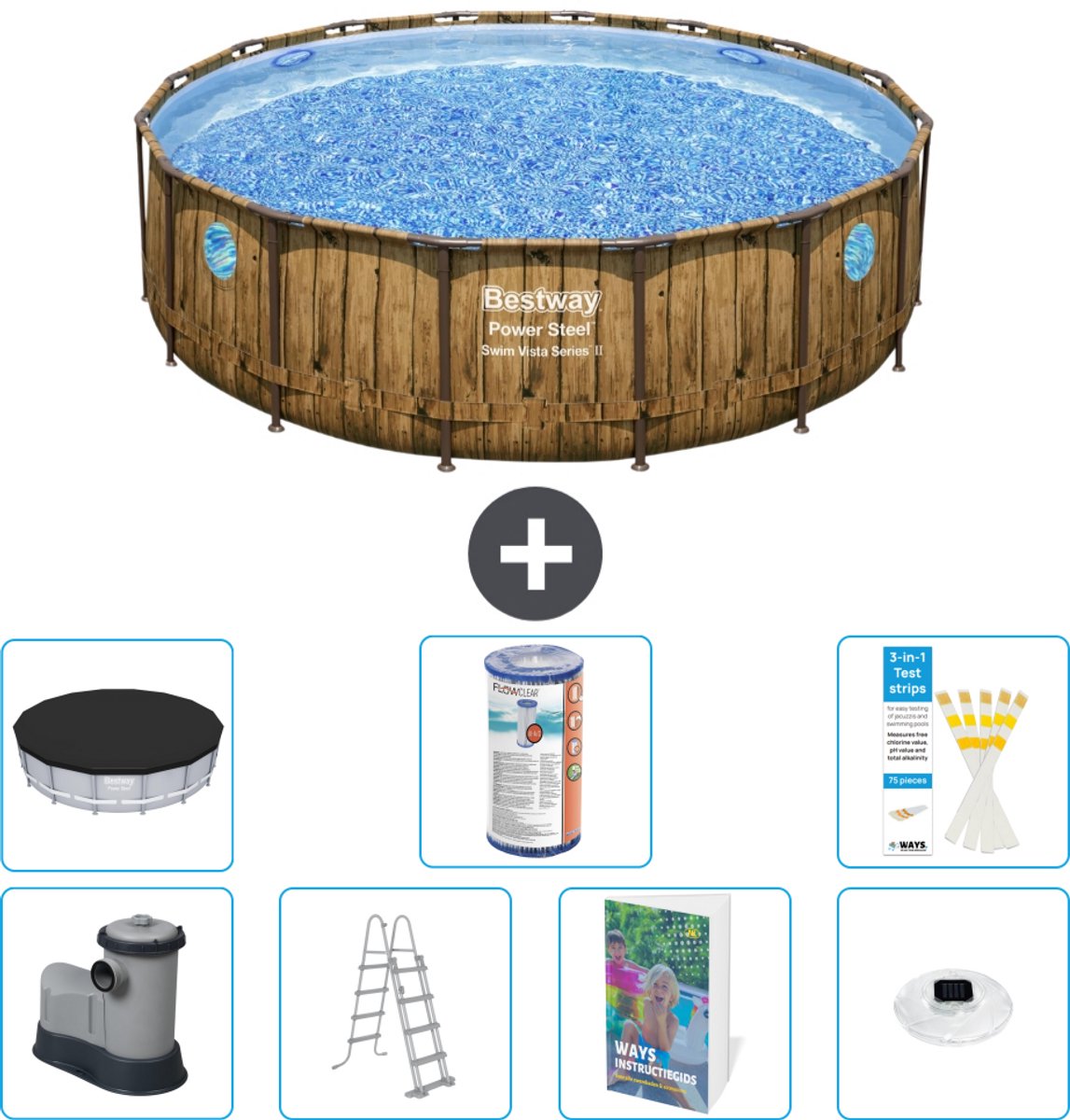 Bestway Rond Power Steel Swim Vista Zwembad - Houtprint - 488 x 122 - Inclusief Pomp - Ladder - Afdekzeil - Filter - Verlichting - 8-delig