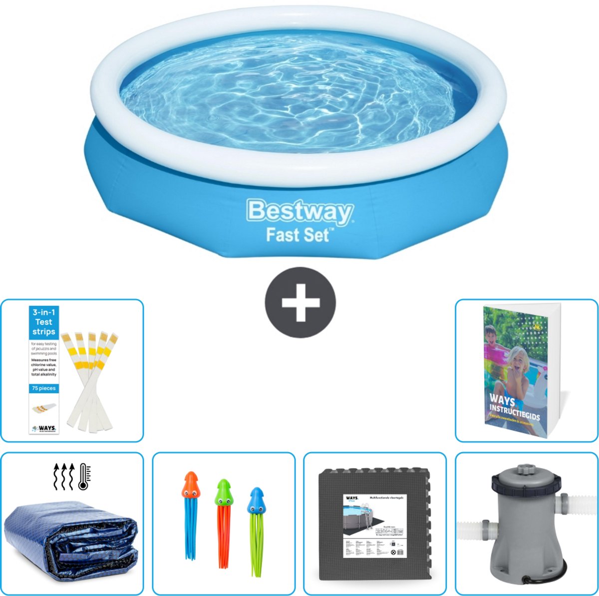Bestway Rond Opblaasbaar Fast Set Zwembad - 305 x 66 cm - Blauw - Inclusief Solarzeil - Speelgoed - Vloertegels - Zwembadfilterpomp - 7-delig