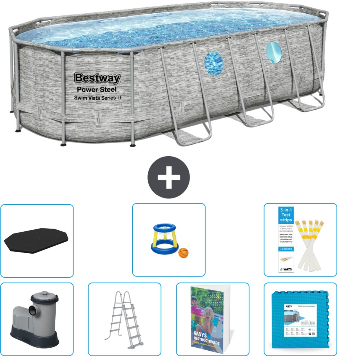 Bestway Ovaal Power Steel Swim Vista Zwembad - Steenprint - 549 x 274 x 122 - Inclusief Pomp - Ladder - Afdekzeil - Speelgoed - Vloertegels - 8-delig