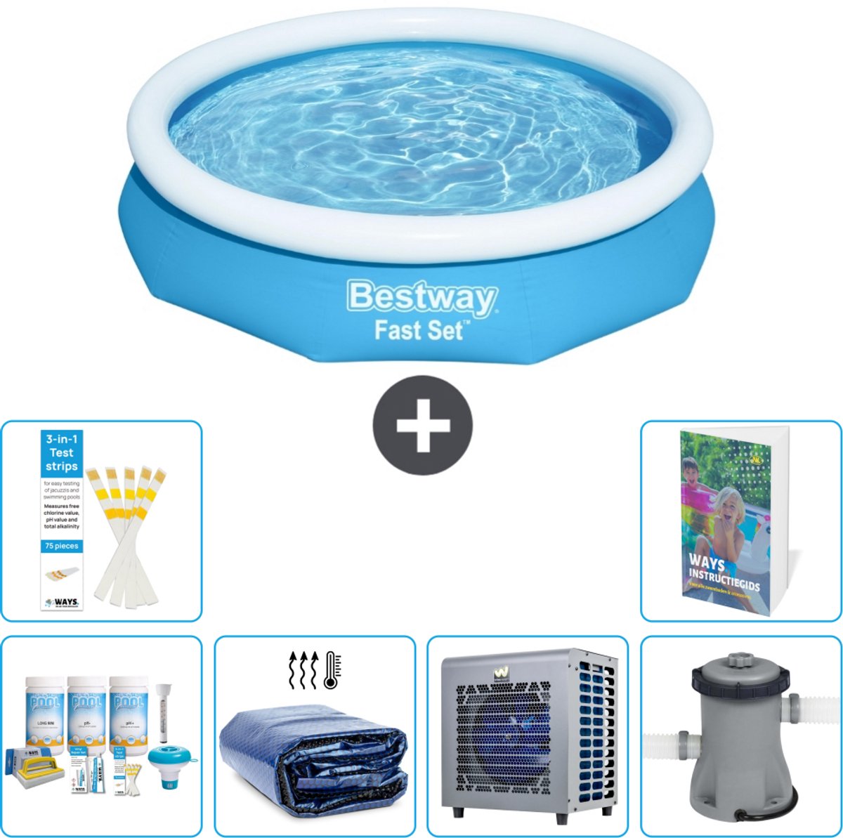 Bestway Rond Opblaasbaar Fast Set Zwembad - 305 x 66 cm - Blauw - Inclusief Onderhoudspakket - Solarzeil - Warmtepomp - Zwembadfilterpomp - 7-delig