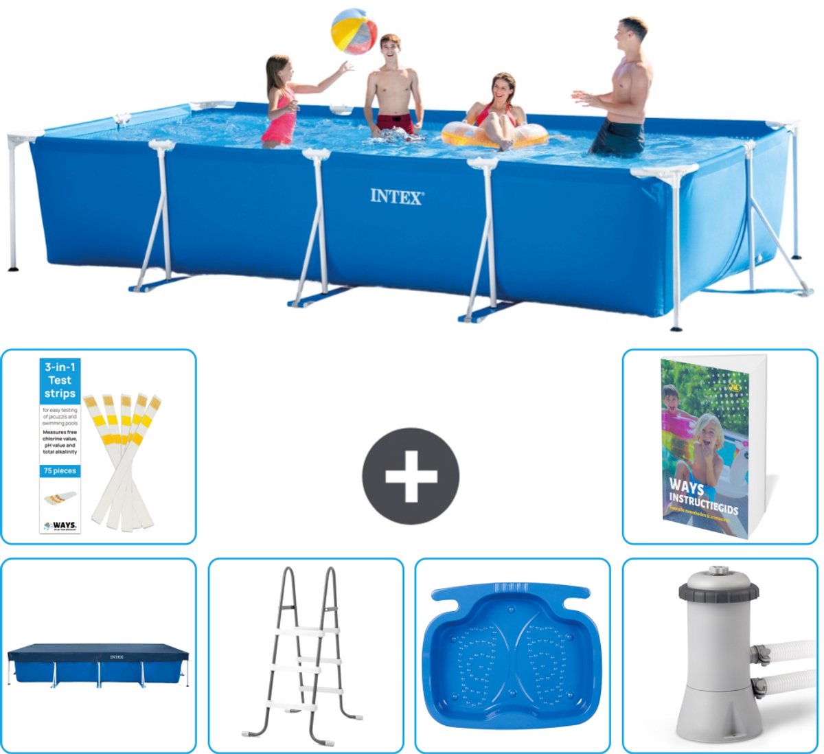 Intex Rechthoekig Frame Zwembad - 450 x 220 x 84 cm - Blauw - Inclusief Afdekzeil - Ladder - Voetenbad - Zwembadfilterpomp - 7-delig