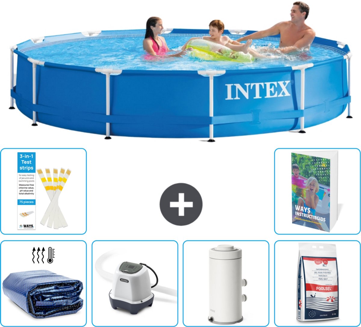 Intex Rond Frame Zwembad - 366 x 76 cm - Blauw - Inclusief Solarzeil - Zoutwatersysteem - Zwembadfilterpomp - Zwembadzout - 7-delig