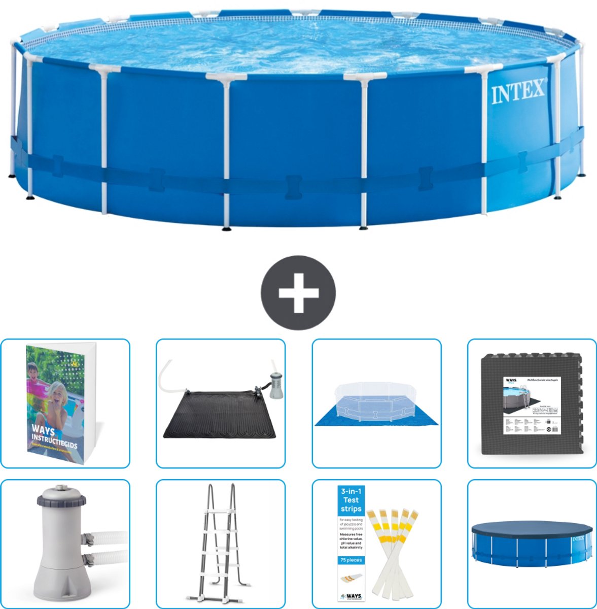 Intex Rond Frame Zwembad - 457 x 122 cm - Blauw - Inclusief Pomp - Ladder - Grondzeil - Afdekzeil - Solar Mat - Vloertegels - 9-delig