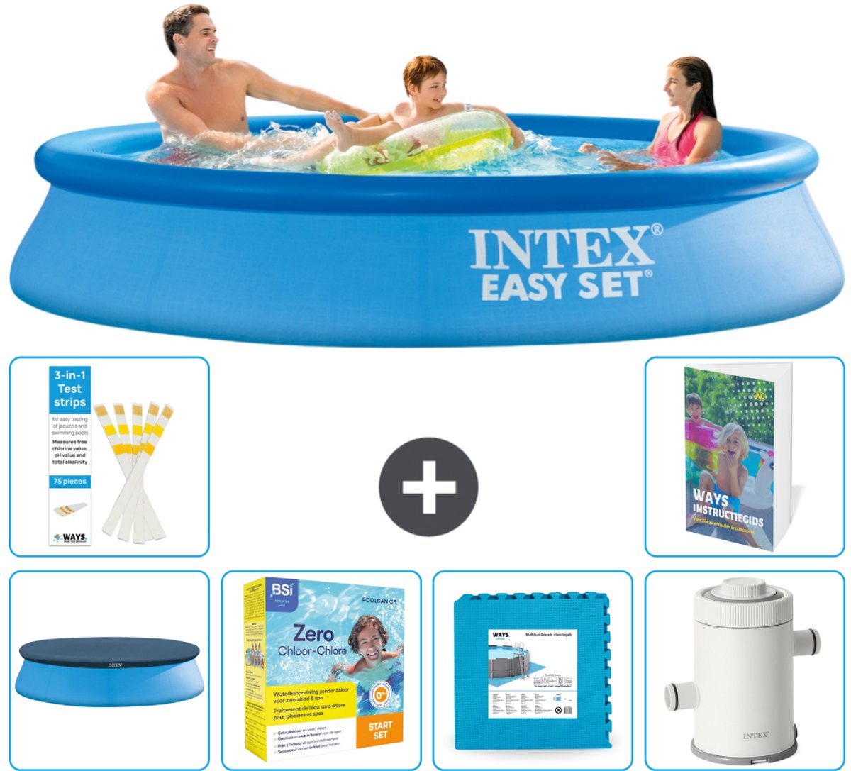 Intex Rond Opblaasbaar Easy Set Zwembad - 305 x 61 cm - Blauw - Inclusief Afdekzeil - Onderhoudspakket - Vloertegels - Zwembadfilterpomp - 7-delig