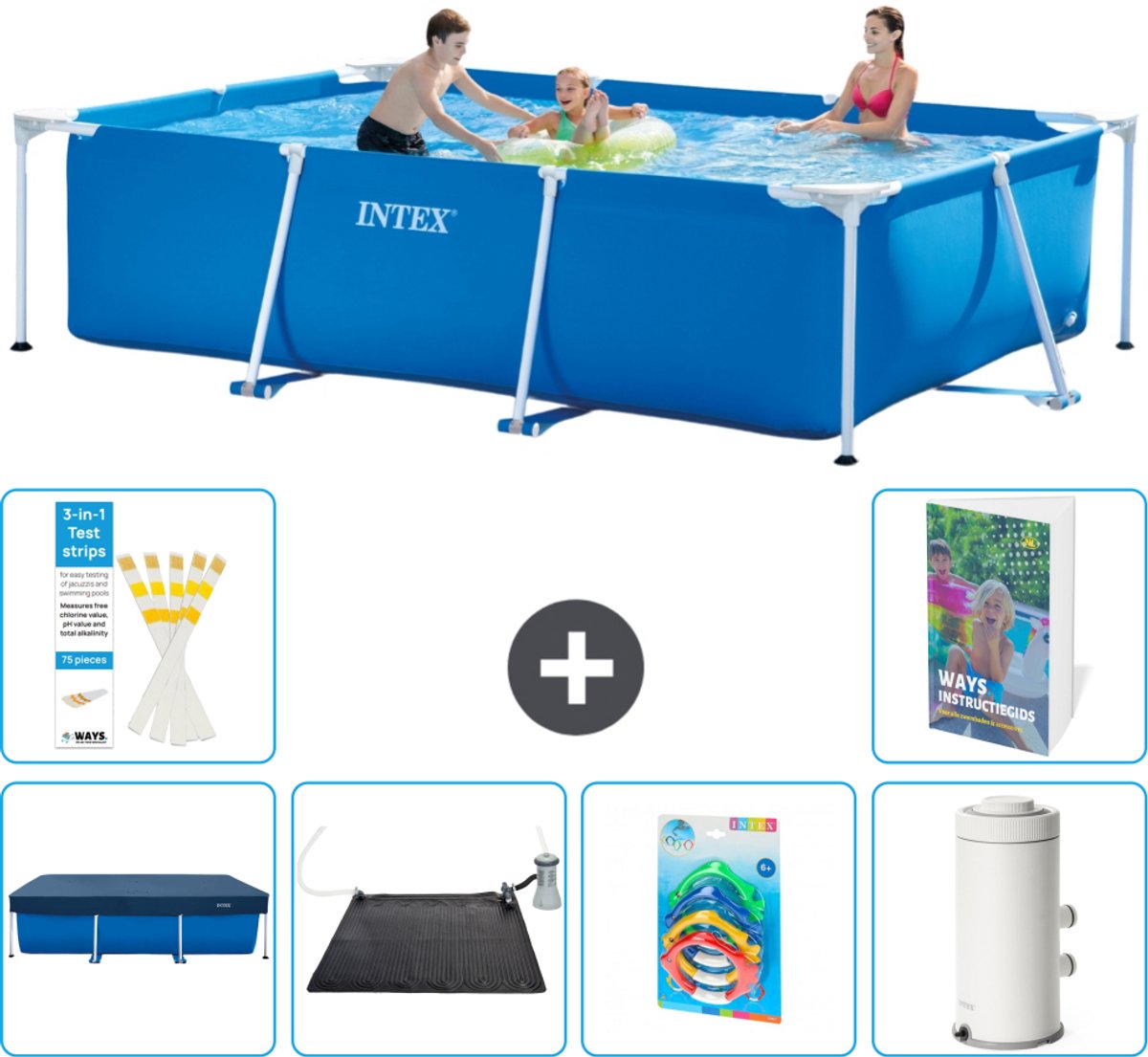 Intex Rechthoekig Frame Zwembad - 300 x 200 x 75 cm - Blauw - Inclusief Afdekzeil - Solar Mat - Speelgoed - Zwembadfilterpomp - 7-delig