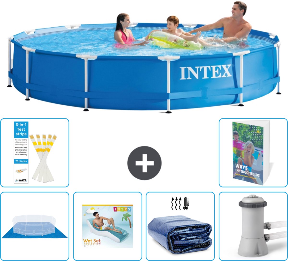 Intex Rond Frame Zwembad - 366 x 76 cm - Blauw - Inclusief Grondzeil - Loungebed - Solarzeil - Zwembadfilterpomp - 7-delig