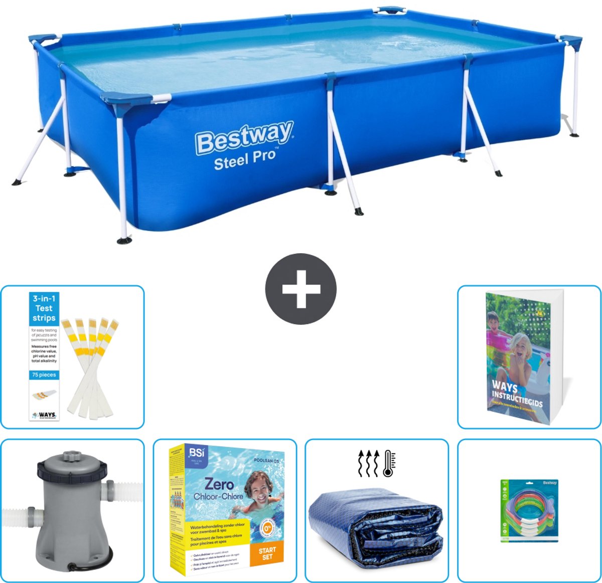 Bestway Rechthoekig Steel Pro Zwembad - 300 x 201 x 66 cm - Blauw - Inclusief Pomp - Onderhoudspakket - Solarzeil - Speelgoed - 7-delig