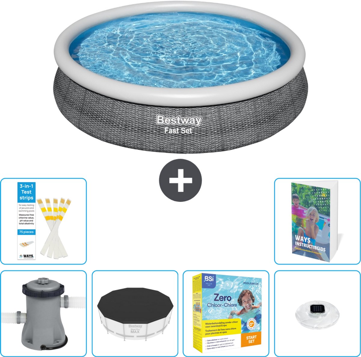 Bestway Rond Opblaasbaar Fast Set Zwembad - Rotanprint - 366 x 76 cm - Inclusief Pomp - Afdekzeil - Onderhoudspakket - Verlichting - 7-delig