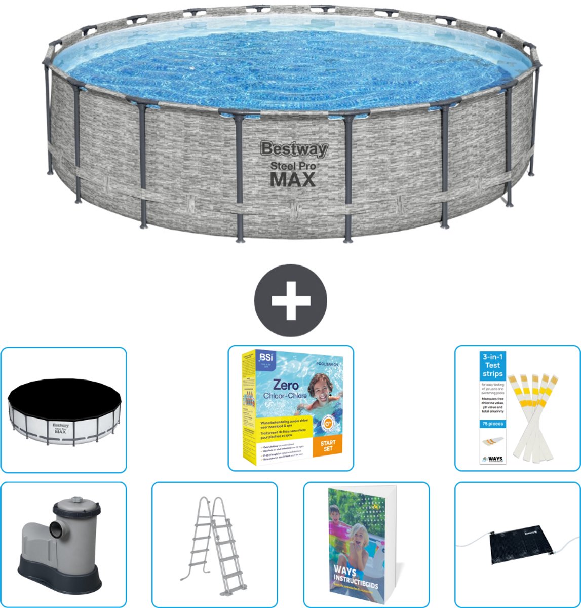 Bestway Rond Steel Pro MAX Zwembad - Steenprint - 549 x 122 - Inclusief Pomp - Ladder - Afdekzeil - Onderhoudspakket - Solar Mat - 8-delig
