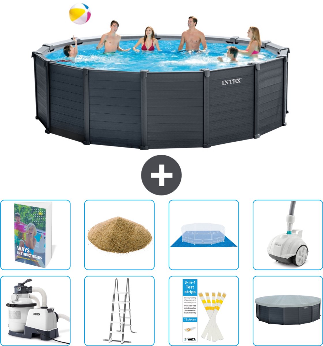 Intex Rond Graphite Gray Panel Zwembad - 478 x 124 cm - Inclusief Pomp - Ladder - Grondzeil - Afdekzeil - Filterzand - Stofzuiger - 9-delig