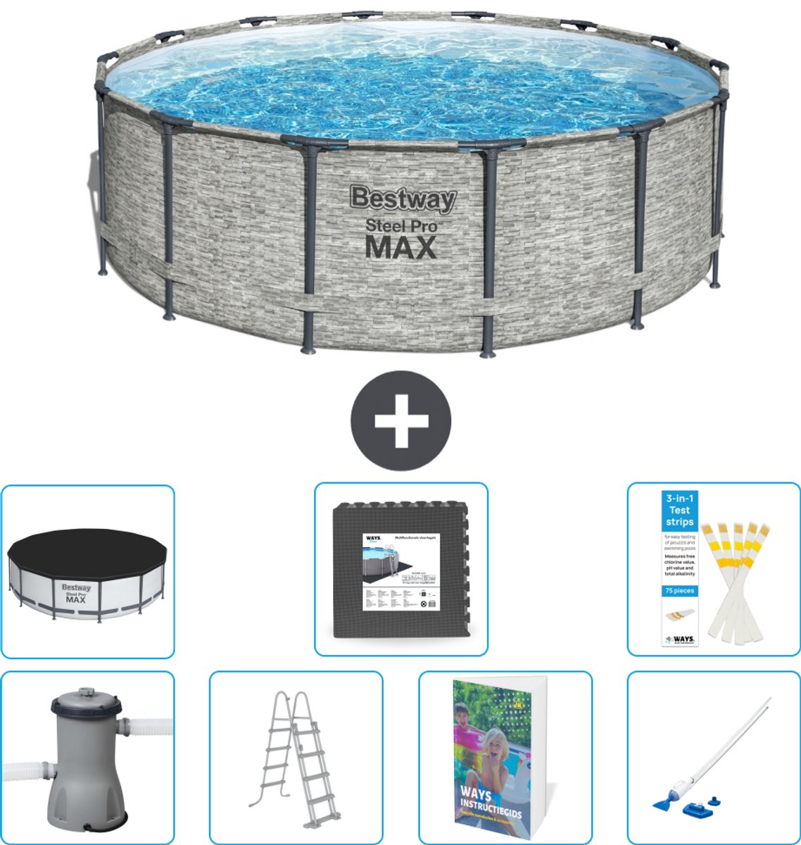 Bestway Rond Steel Pro MAX Zwembad - Steenprint - 427 x 122 cm - Inclusief Pomp - Ladder - Afdekzeil - Vloertegels - Stofzuiger - 8-delig