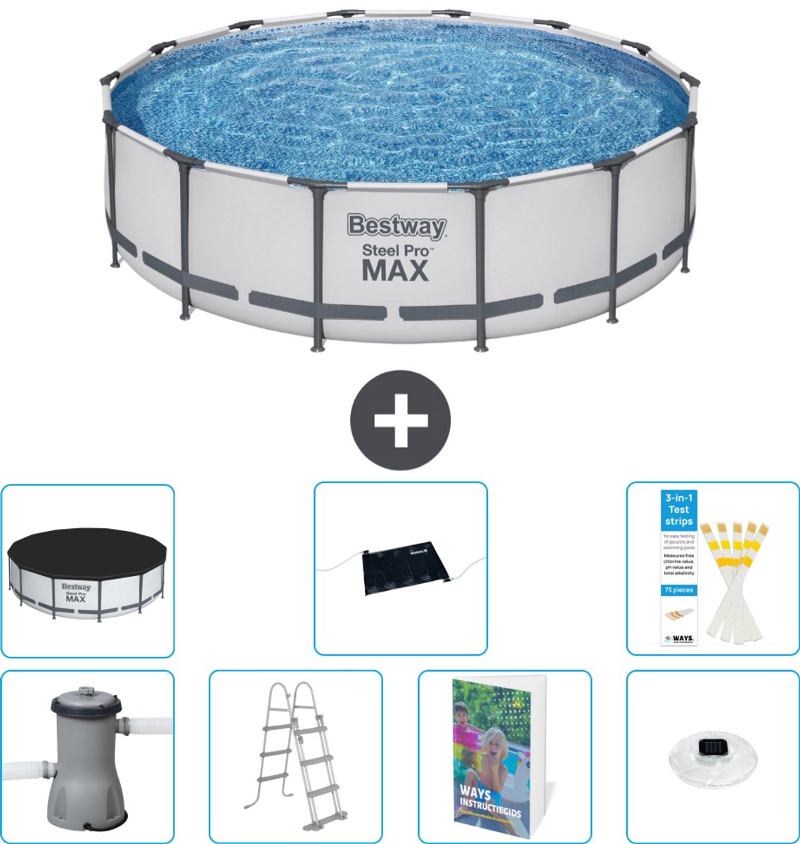 Bestway Rond Steel Pro MAX Zwembad - 427 x 107 cm - Grijs - Inclusief Pomp - Ladder - Afdekzeil - Solar Mat - Verlichting - 8-delig