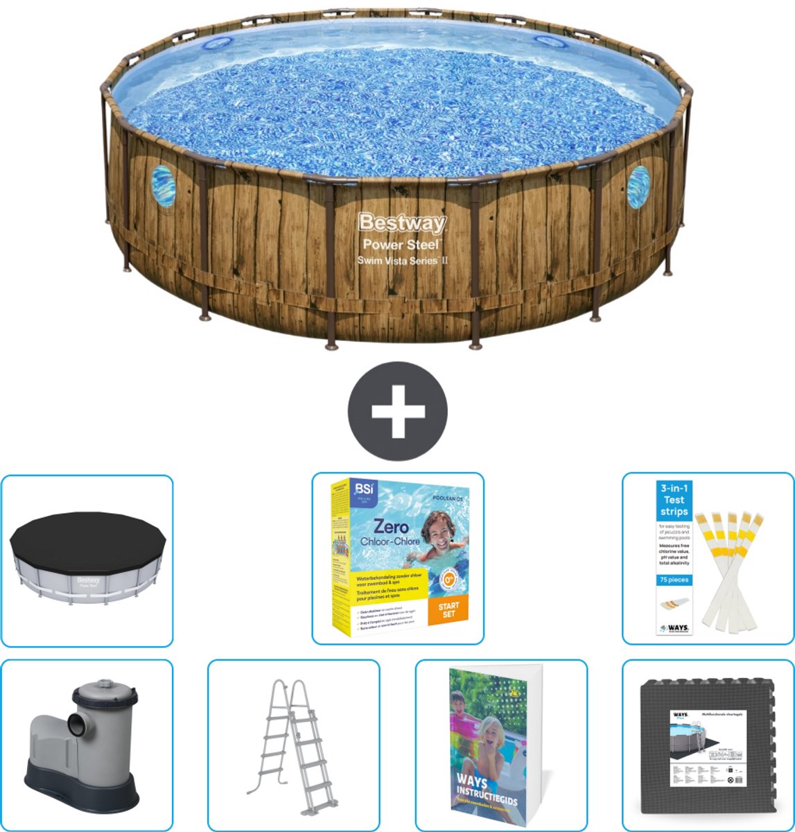 Bestway Rond Power Steel Swim Vista Zwembad - Houtprint - 488 x 122 - Inclusief Pomp - Ladder - Afdekzeil - Onderhoudspakket - Vloertegels - 8-delig