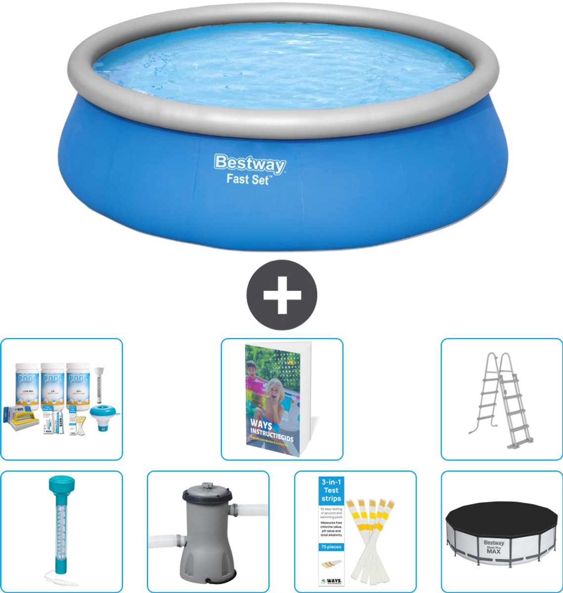 Bestway Rond Opblaasbaar Fast Set Zwembad - 457 x 122 cm - Blauw - Inclusief Pomp - Ladder - Afdekzeil - Onderhoudspakket - Thermometer - 8-delig