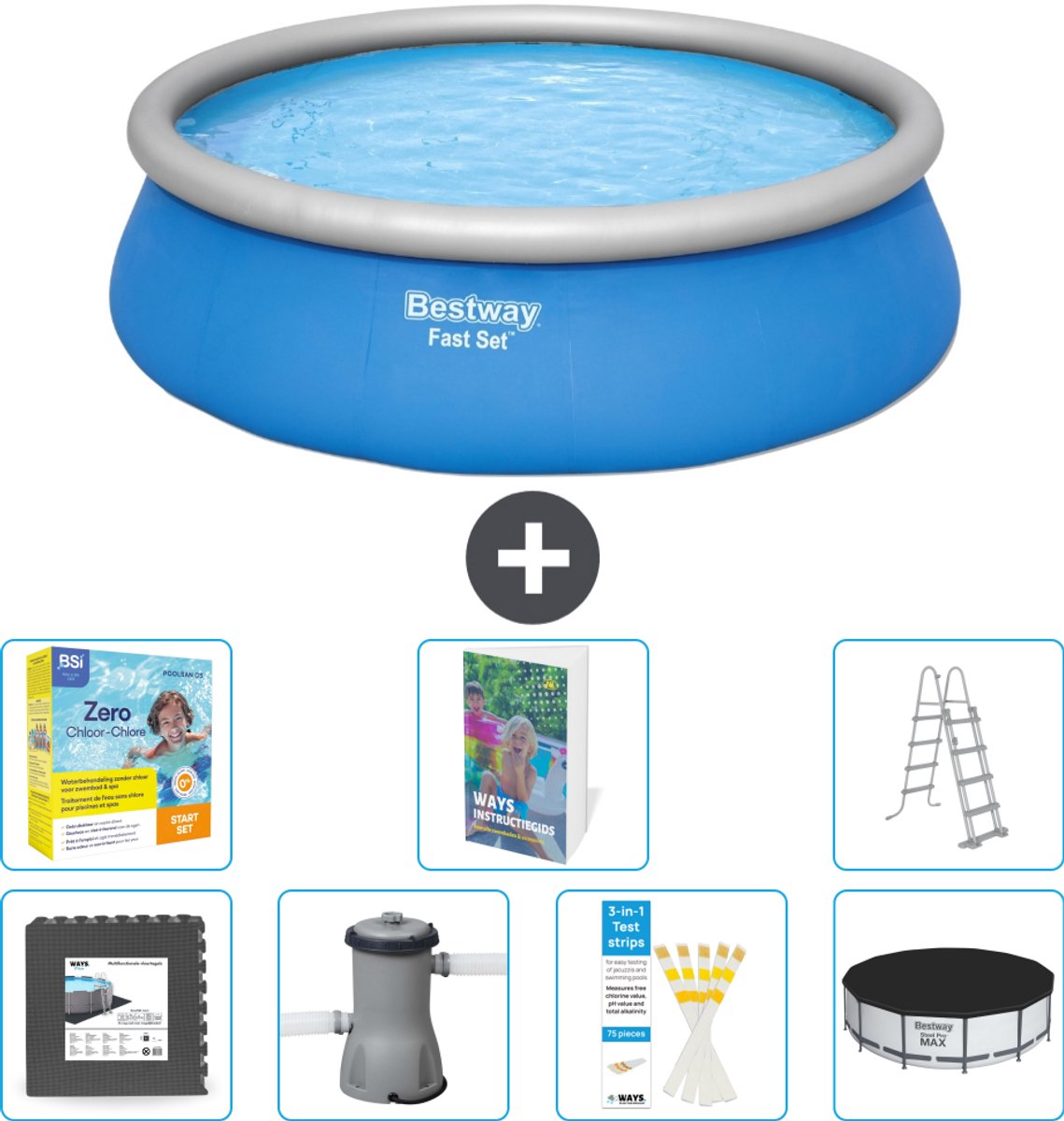 Bestway Rond Opblaasbaar Fast Set Zwembad - 457 x 122 cm - Blauw - Inclusief Pomp - Ladder - Afdekzeil - Onderhoudspakket - Vloertegels - 8-delig