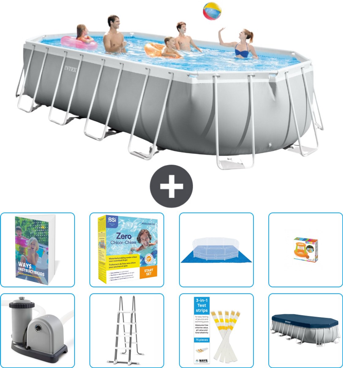 Intex Ovaal Prism Frame Zwembad - 610 x 305 x 122 cm - Grijs - Inclusief Pomp - Ladder - Grondzeil - Afdekzeil - Onderhoudspakket - Speelgoed - 9-delig