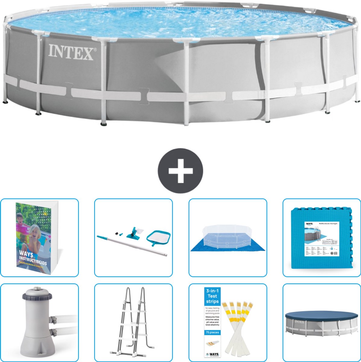 Intex Rond Prism Frame Zwembad - 427 x 107 cm - Grijs - Inclusief Pomp - Ladder - Grondzeil - Afdekzeil - Schoonmaakset - Vloertegels - 9-delig