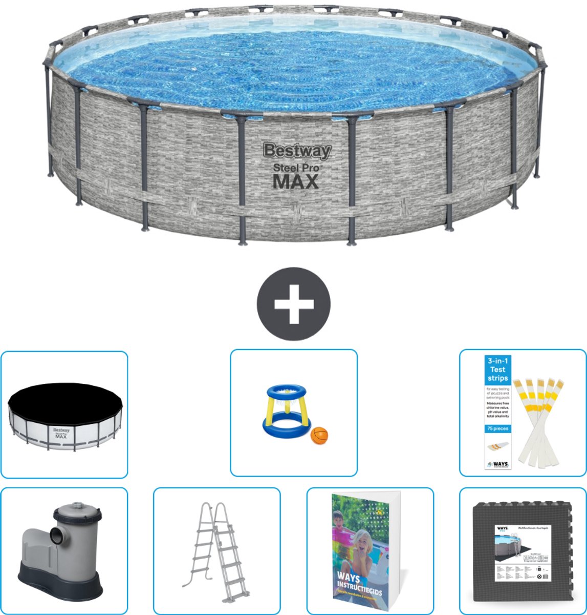 Bestway Rond Steel Pro MAX Zwembad - Steenprint - 549 x 122 - Inclusief Pomp - Ladder - Afdekzeil - Speelgoed - Vloertegels - 8-delig