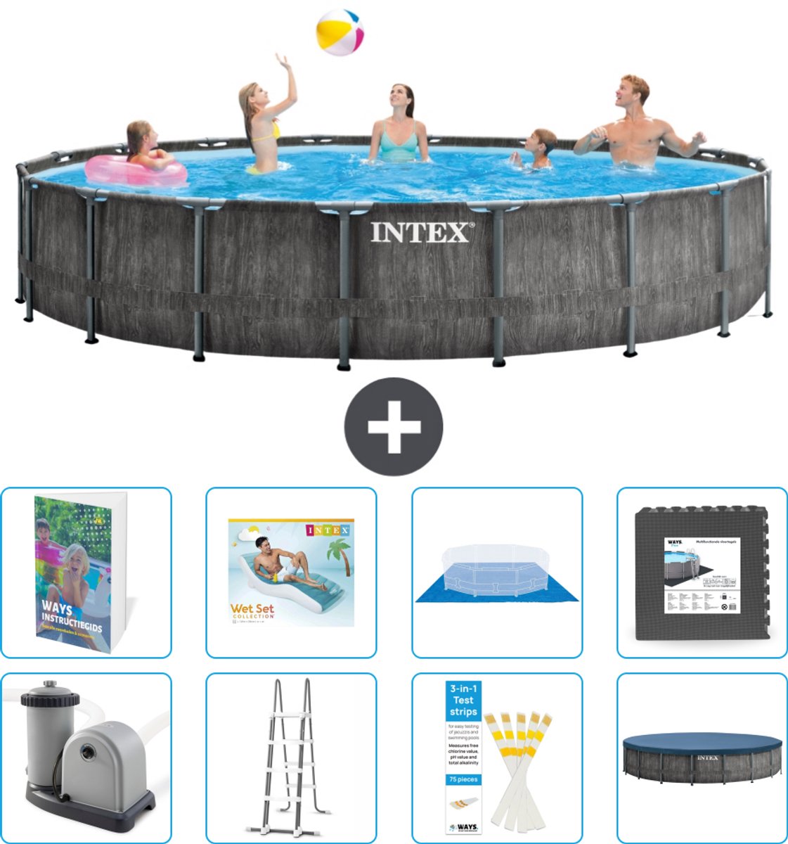 Intex Rond Prism Frame Greywood Zwembad - 549 x 122 cm - Inclusief Pomp - Ladder - Grondzeil - Afdekzeil - Loungebed - Vloertegels - 9-delig
