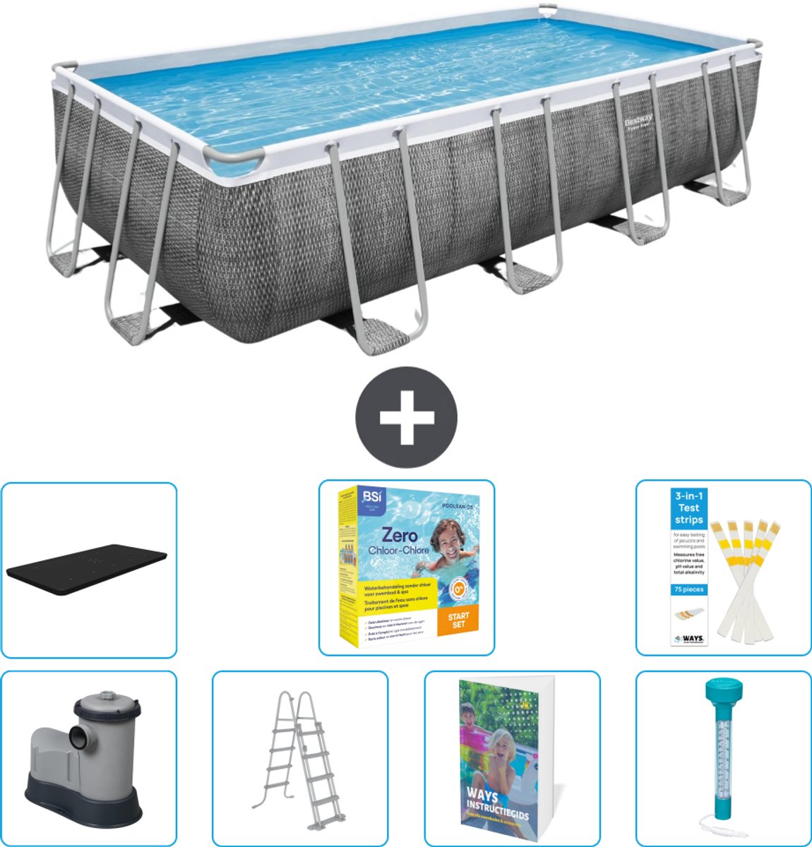 Bestway Rechthoekig Power Steel Zwembad - Rattanprint - 549 x 274 x 122 - Inclusief Pomp - Ladder - Afdekzeil - Onderhoudspakket - Thermometer - 8-delig