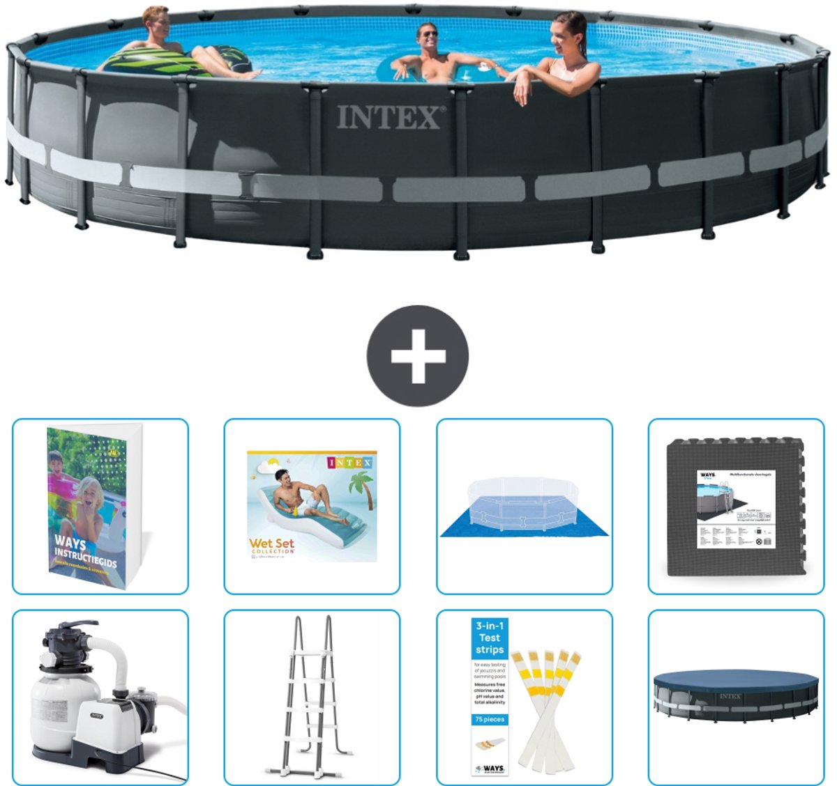 Intex Rond Ultra XTR Frame Zwembad - 610 x 122 cm - Inclusief Pomp - Ladder - Grondzeil - Afdekzeil - Loungebed - Vloertegels - 9-delig