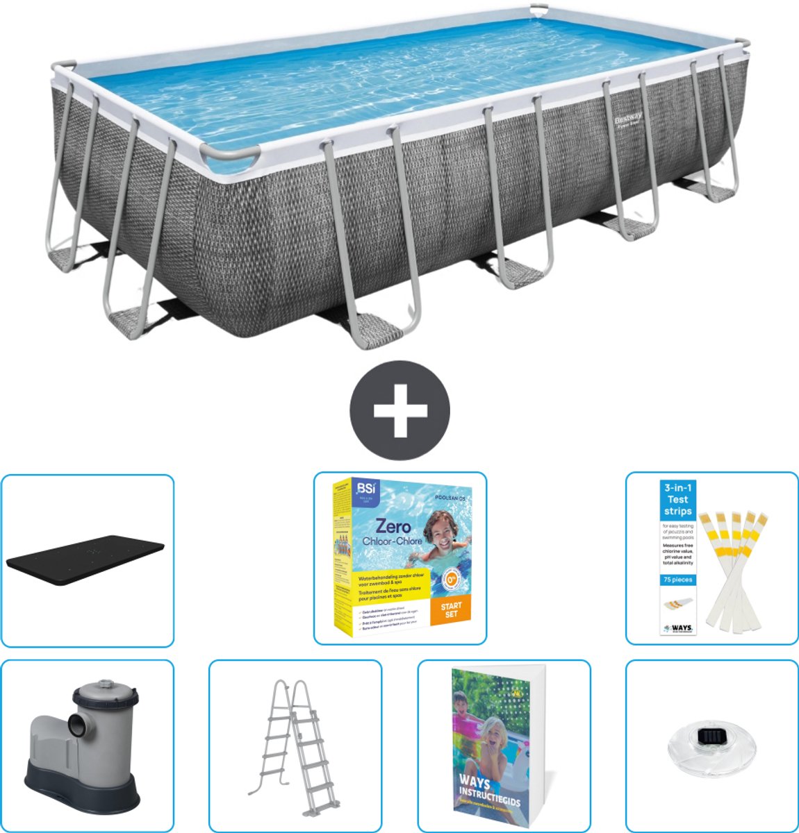 Bestway Rechthoekig Power Steel Zwembad - Rattanprint - 549 x 274 x 122 - Inclusief Pomp - Ladder - Afdekzeil - Onderhoudspakket - Verlichting - 8-delig
