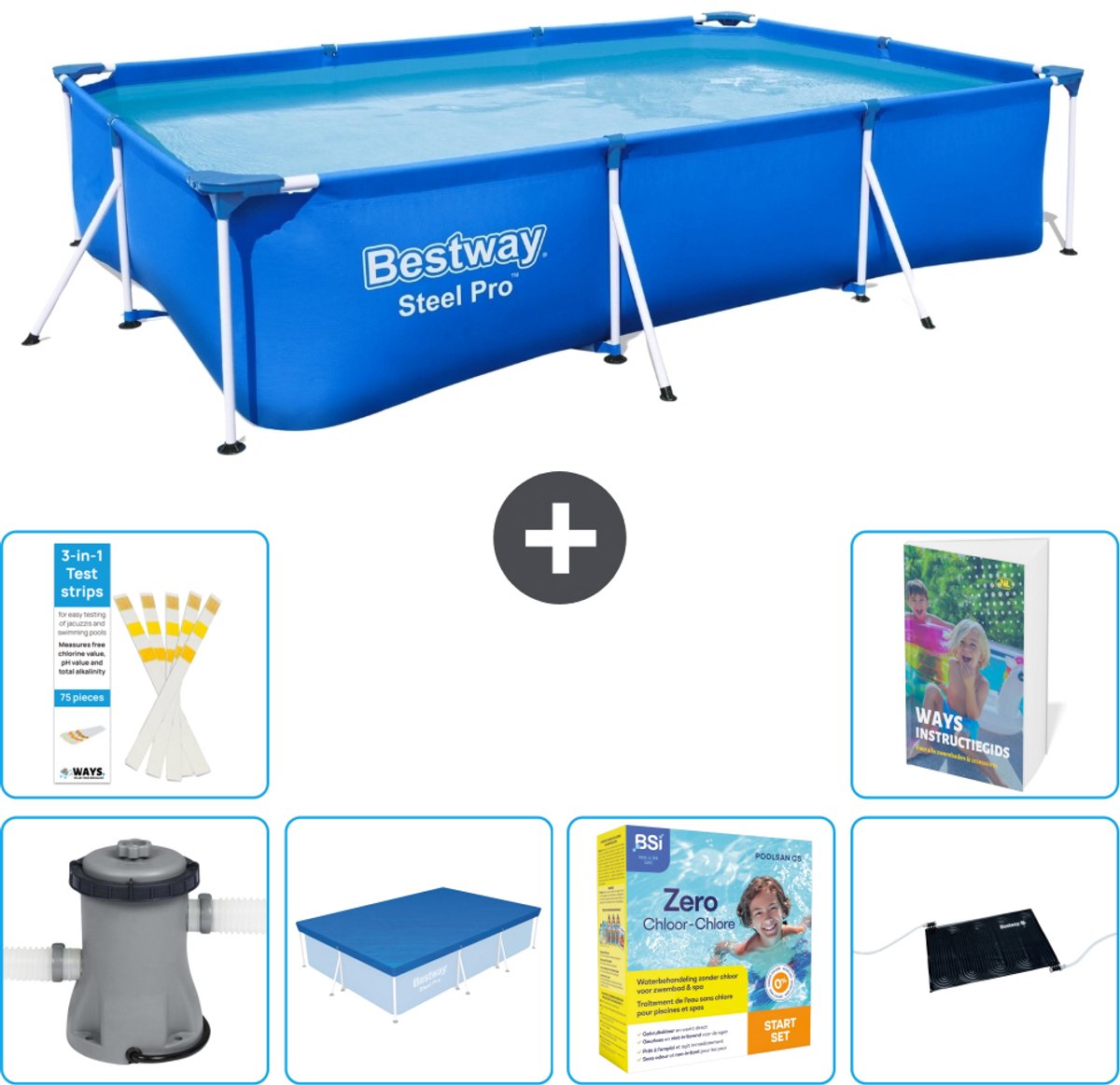 Bestway Rechthoekig Steel Pro Zwembad - 300 x 201 x 66 cm - Blauw - Inclusief Pomp - Afdekzeil - Onderhoudspakket - Solar Mat - 7-delig