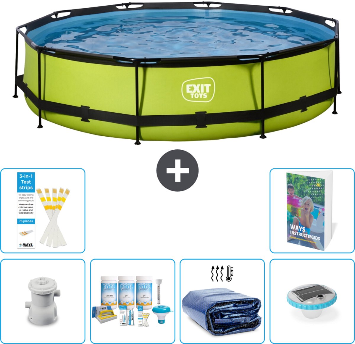 EXIT Rond Lime Frame Zwembad - 360 x 76 cm - Inclusief Pomp - Onderhoudspakket - Solarzeil - Verlichting - 7-delig