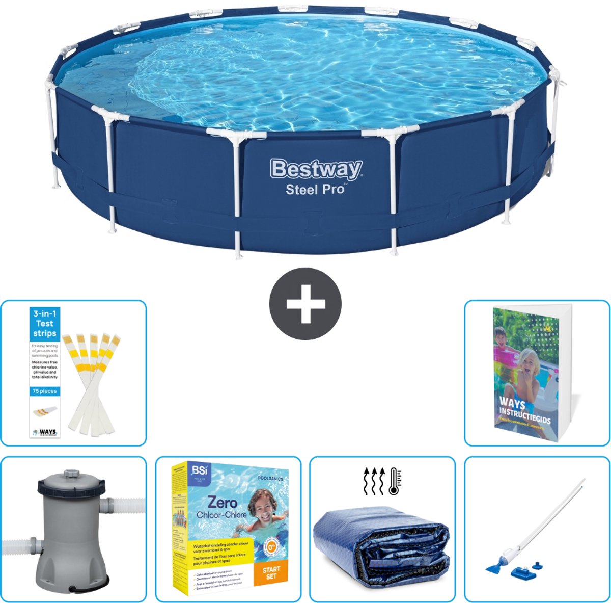 Bestway Rond Steel Pro Zwembad - 396 x 84 cm - Blauw - Inclusief Pomp - Onderhoudspakket - Solarzeil - Stofzuiger - 7-delig