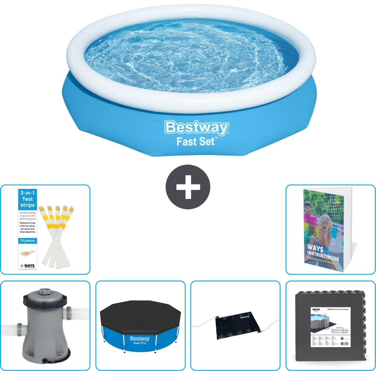 Bestway Rond Opblaasbaar Fast Set Zwembad - 305 x 66 cm - Blauw - Inclusief Pomp - Afdekzeil - Solar Mat - Vloertegels - 7-delig