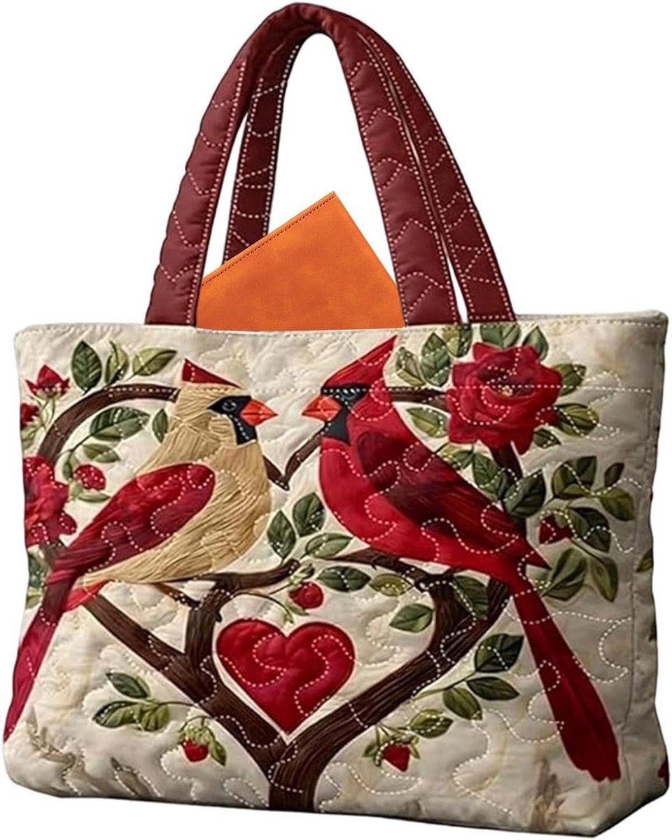 Gevulde Tote Bag - Sporttas Dames - Dagelijks Gebruik - Vogel en bloem patroon - 43x40x10 cm - Kardinaal