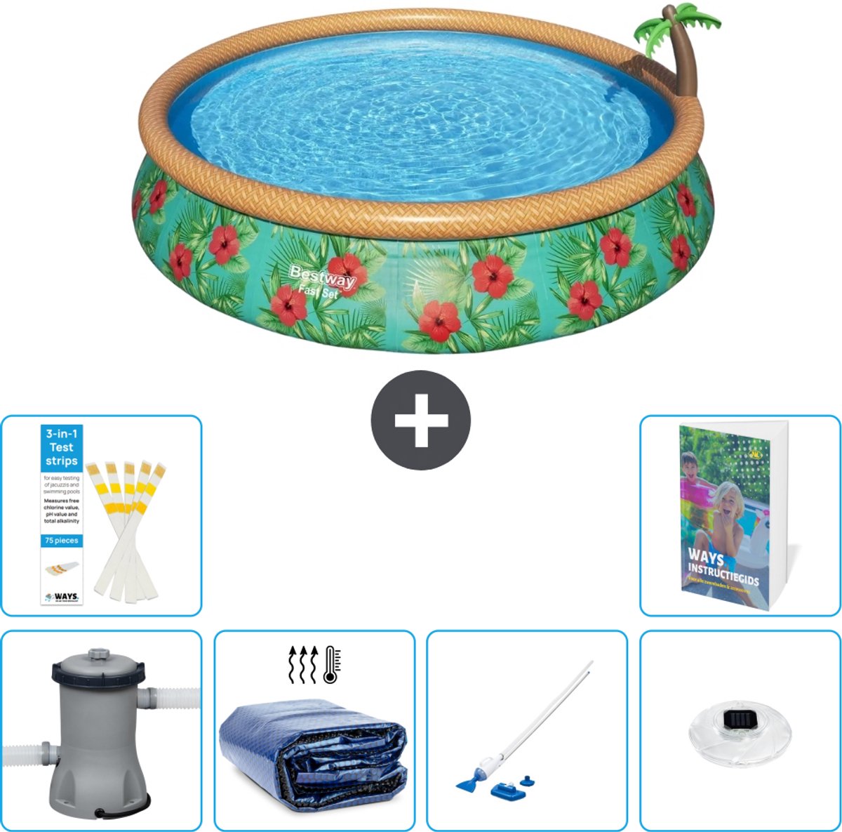Bestway Rond Opblaasbaar Fast Set Zwembad - Paradijsprint - 457 x 84 cm - Inclusief Pomp - Solarzeil - Stofzuiger - Verlichting - 7-delig