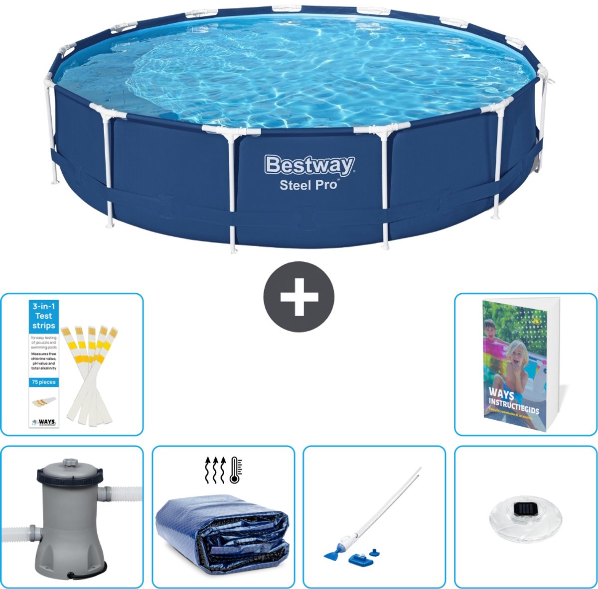 Bestway Rond Steel Pro Zwembad - 396 x 84 cm - Blauw - Inclusief Pomp - Solarzeil - Stofzuiger - Verlichting - 7-delig