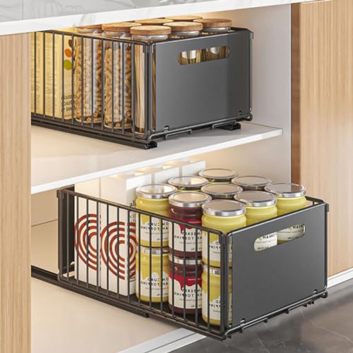 Huis Geluk Uittrekbare Kastorganizer, Zwart, 2 blokken 38x25x19 cm - Schuiflade voor Keuken, Badkamer en Kast