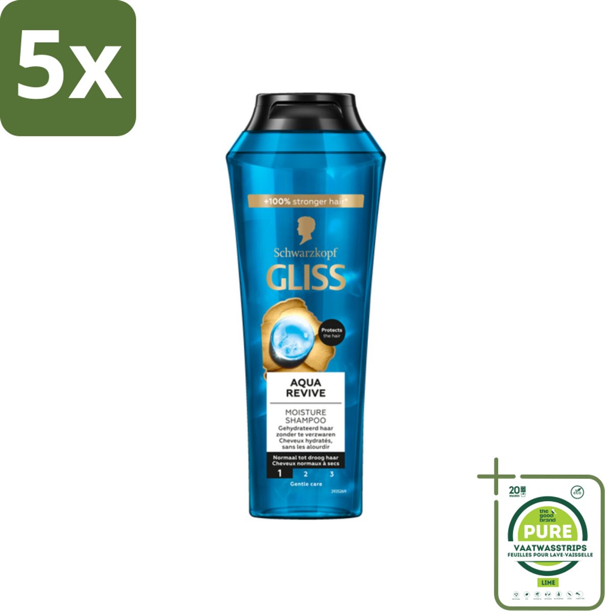 5 x Gliss - Shampoo - Aqua Revive - Voor Hydraterend en Fris Haar - 250 ml - Grootverpakking - Gliss Aqua Revive - Hydraterende Shampoo - Droog Haar - Beschadigd Haar - Vochtinbrengend