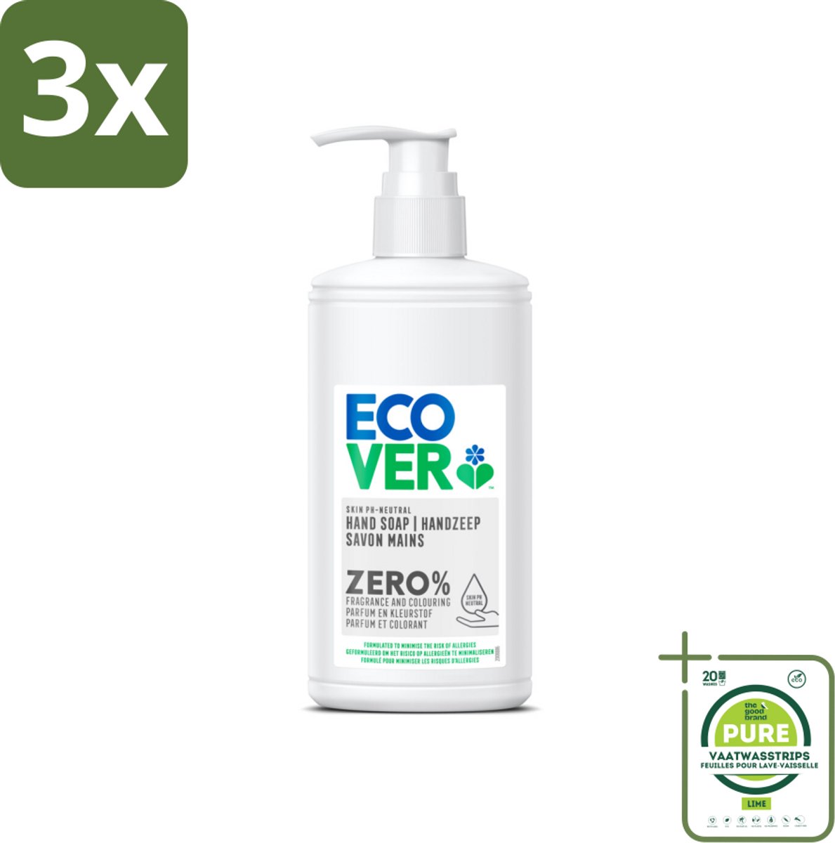 3 x Ecover - Handzeep ZERO - Parfumvrij - 250 ml - Grootverpakking - Handzeep - Gevoelige Huid - Parfumvrij - Hypoallergeen - Biologisch Afbreekbaar