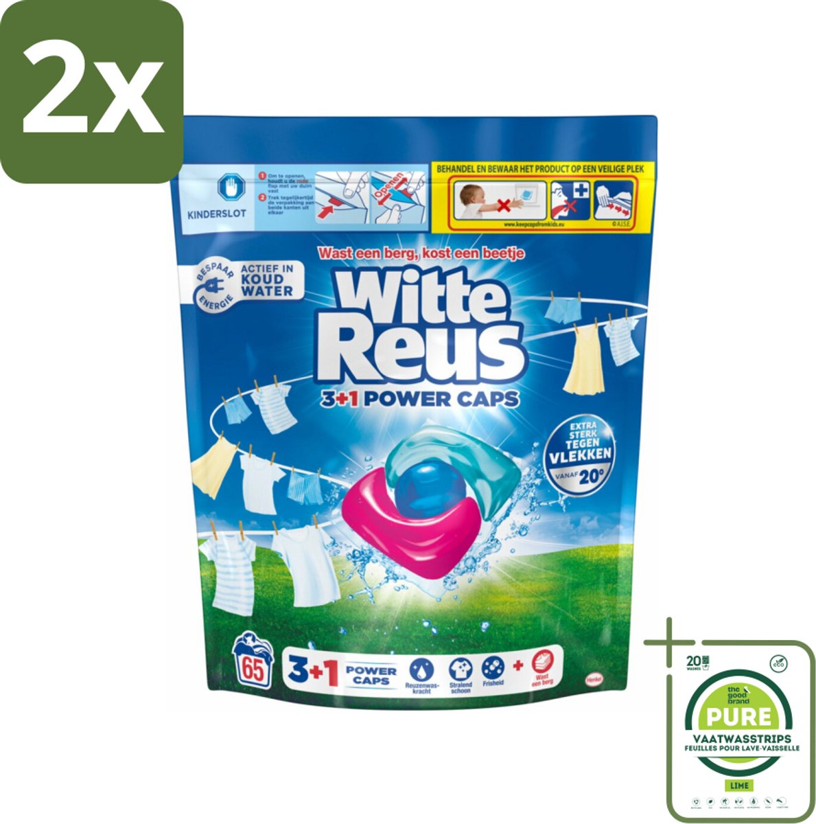 Witte Reus - 3+1 Power Caps - Witte Was - 65 Wasbeurten - Voordeelverpakking - 2 stuks - Wascapsules - Wit wasgoed