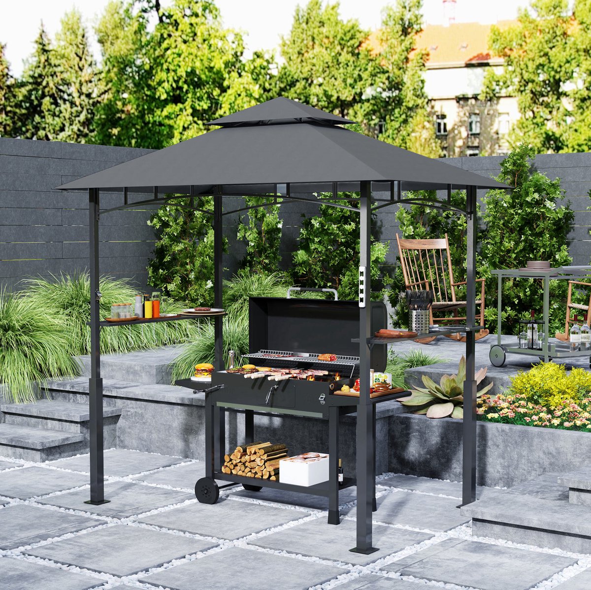 Grillpavillon – Dubbel Dak Met LED, Zijplanken, Haken En Openers – 243 x 148 x 248 cm – Metaal – Donkergrijs