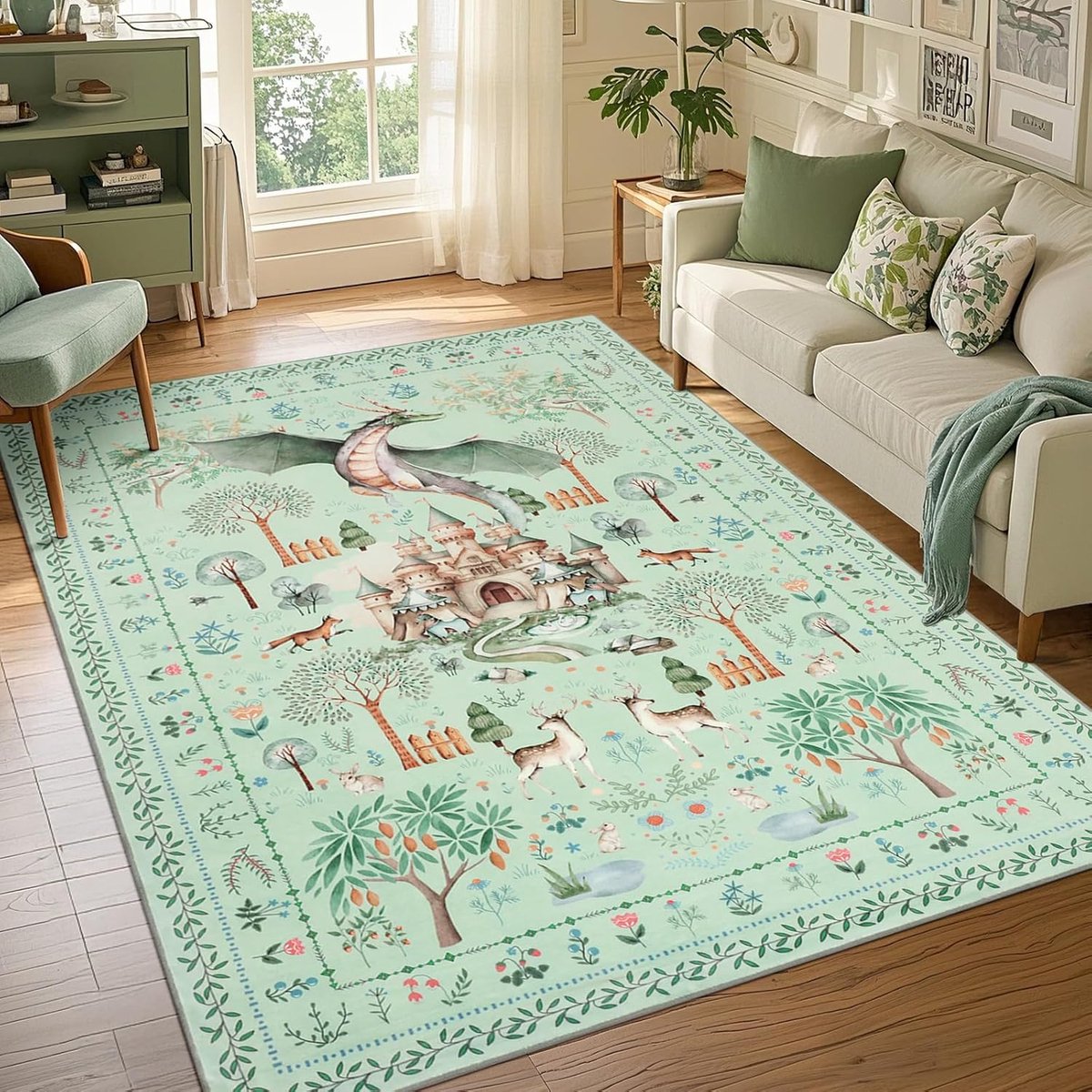 SnelShoppen - Dromerige Draak Tapijt Woonkamer Antislip 160x230cm, Groene Wasbare Vloerkleed Slaapkamer, Boho Dier Korte Pool Bed Mat Vloerkleden, Fan