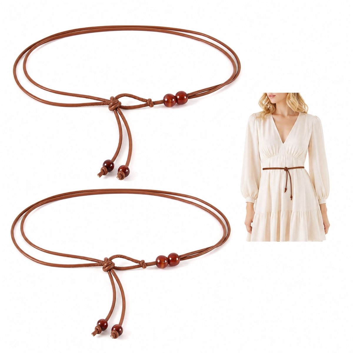 VHV-Taillekoord en Heupriem - Zachte Taille-Touw Riem in Kameel - Stijlvolle en Comfortabele Kledingaccessoire voor Dames - Set van 2 Stuks