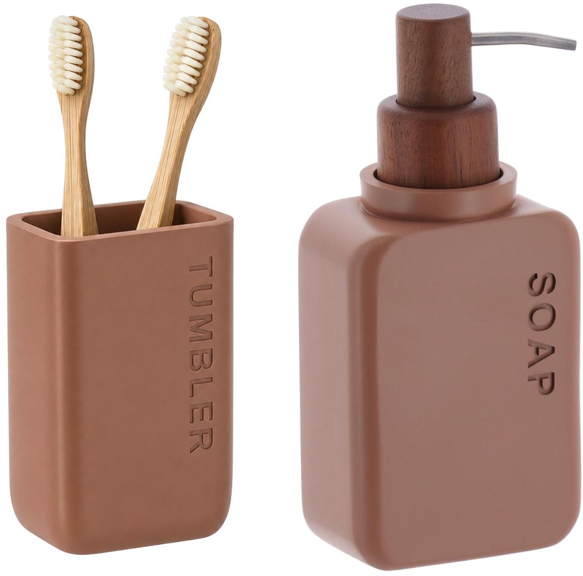 Tendance badkameraccessoires set london - bruin - kunststof - zeeppomp/tandenborstelhouder
