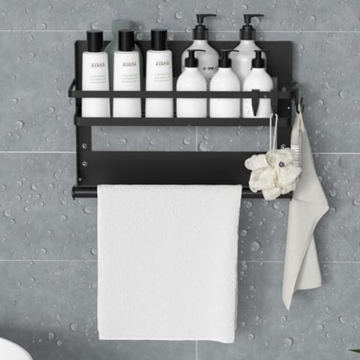 Huis Geluk Kruidenrek Wandmontage met Keukenrolhouder en 4 Haken – Roestvrij Stalen Hangend Rek voor Keuken en Badkamer – Zwart, 30x11x21 cm