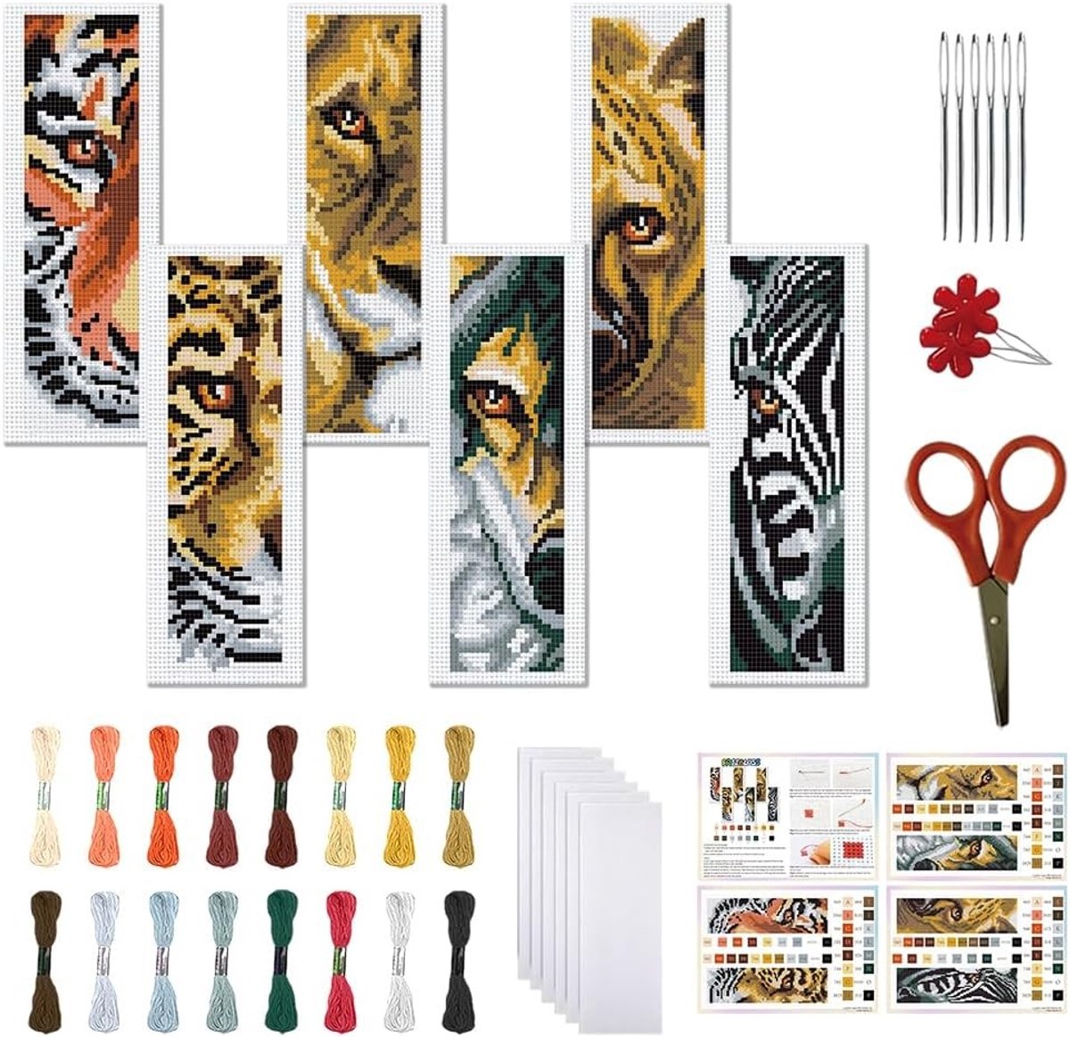 Set van 6 kruissteek boekenleggers met wilde dieren, geborduurde boekenleggers met instructies, creatief borduren voor volwassenen