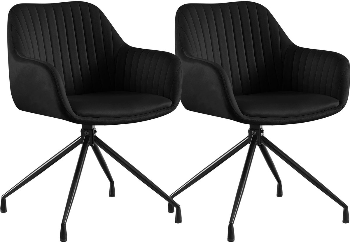CLP Novanis Eetkamerstoelen Set van 2 - Draaibaar 180° met Terugkeerfunctie - Armleuningen - Metalen Frame Fluweel/zwart
