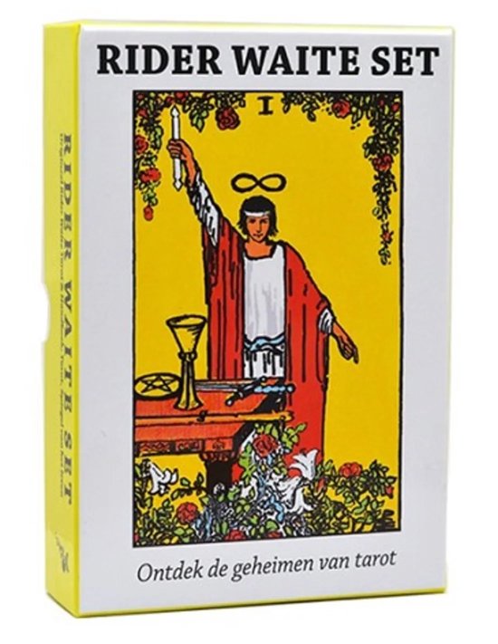 Une boîte jaune 'Rider Waite Set' avec la carte de tarot 'Le Bateleur' sur le devant.