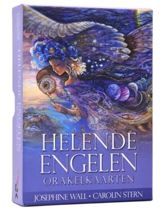 Boîte 'Helende Engelen Orakelkaarten' avec femme ailée avec étoiles et planètes dans ses cheveux. Josephine Wall, Carolin Stern