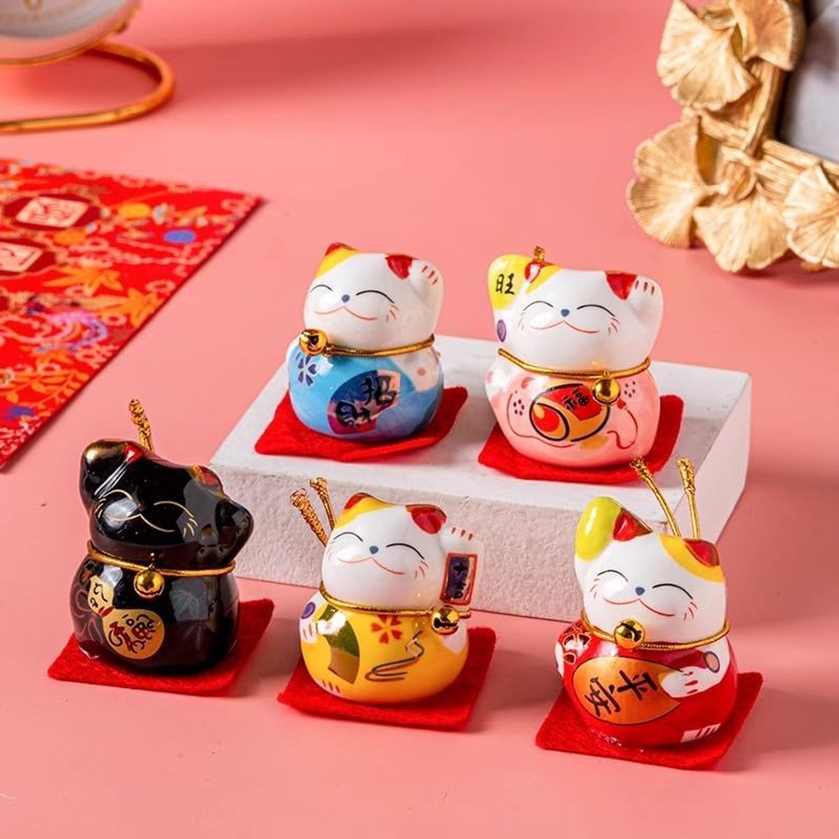 5 mini Maneki-Neko figuren, gelukskat, Kawaii decoratie, gladde lijnen, Japanse decoratie