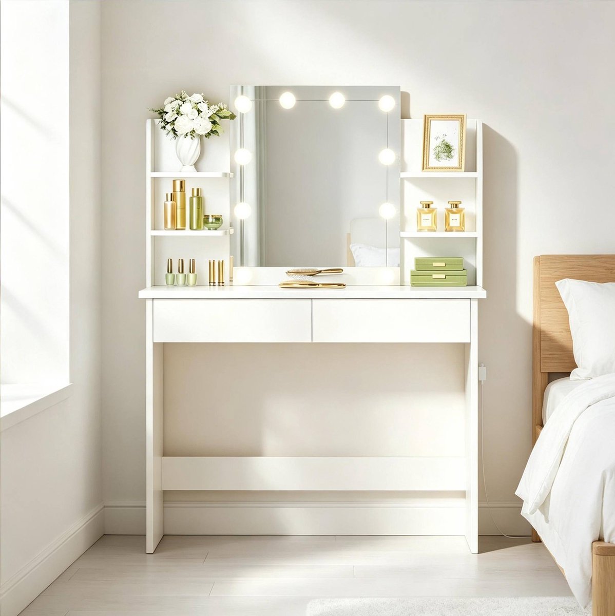 COVREO Kaptafel 40x90x135 cm, wit, hout en kunststof, met LED-spiegel